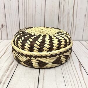 Southwestern Boho Artisan Round Woven Lidded Basket Farmhouse Tortilla Warmer